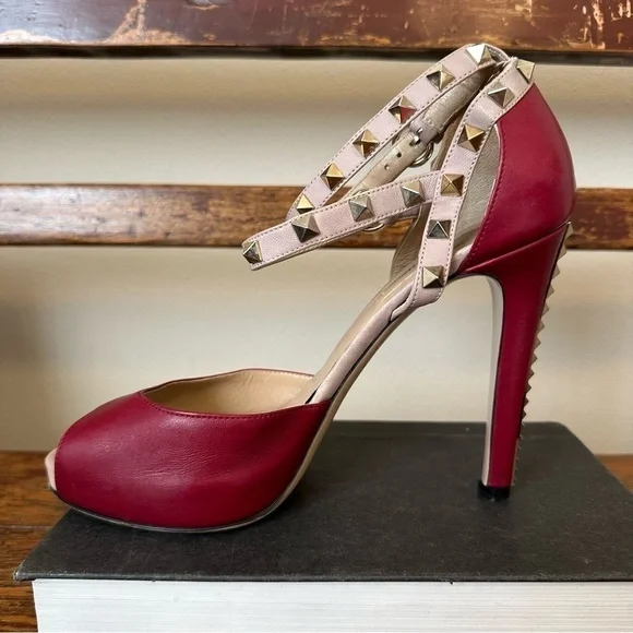 Valentino Rockstud Open Toe Pumps Heels Stiletto Ankle Straps Red Leather - Picture 5 of 16
